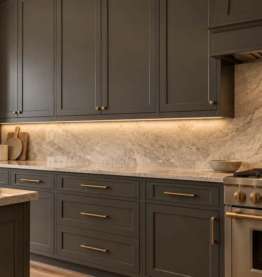Painted kitchen cabinetry with a smooth, even finish and brass hardware.