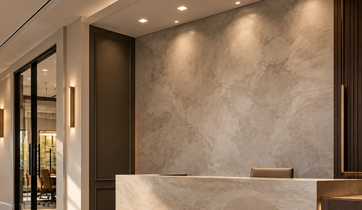 A commercial interior with a plaster feature wall, painted walls, and dark painted doors.