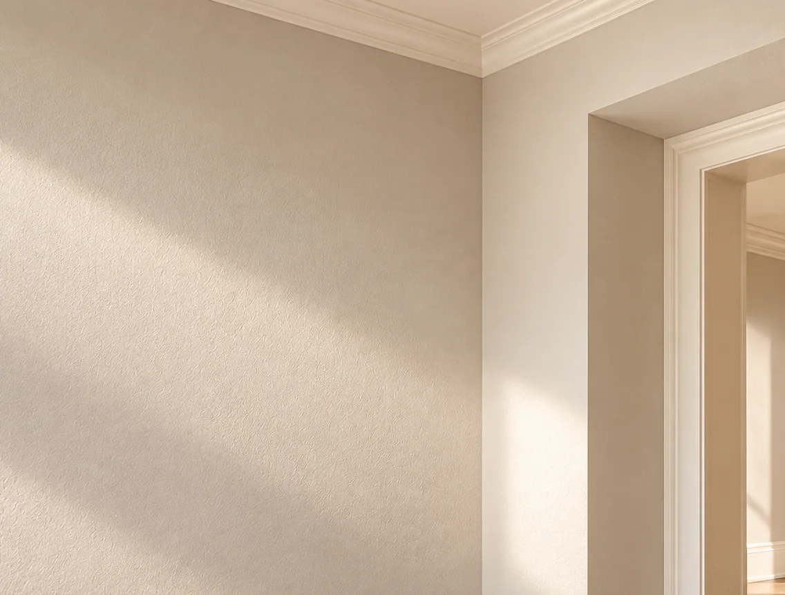 A smooth wall surface meeting crown molding and a cased opening.