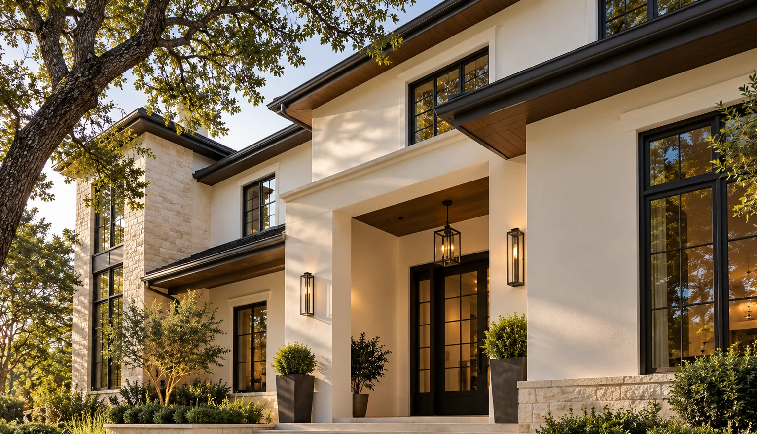 A painted home exterior with crisp trim, dark window frames, and a covered entry.