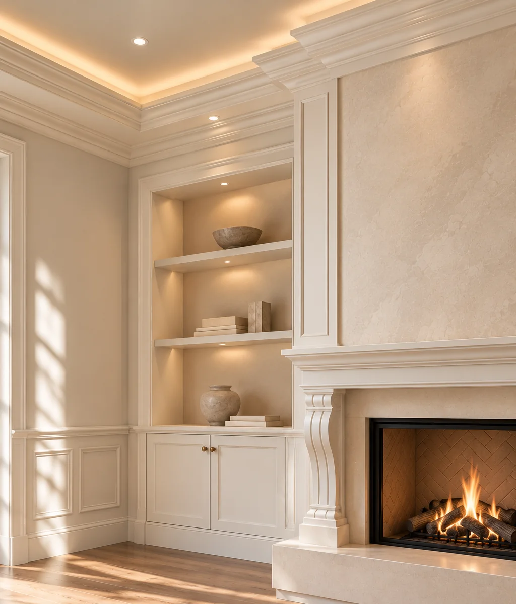 A Marmorino plaster fireplace wall framed by painted crown molding, mantel, and built-in cabinetry.