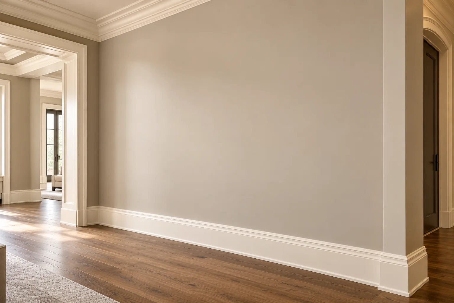 A painted wall meeting a crisp baseboard and door casing, with an open doorway beyond.