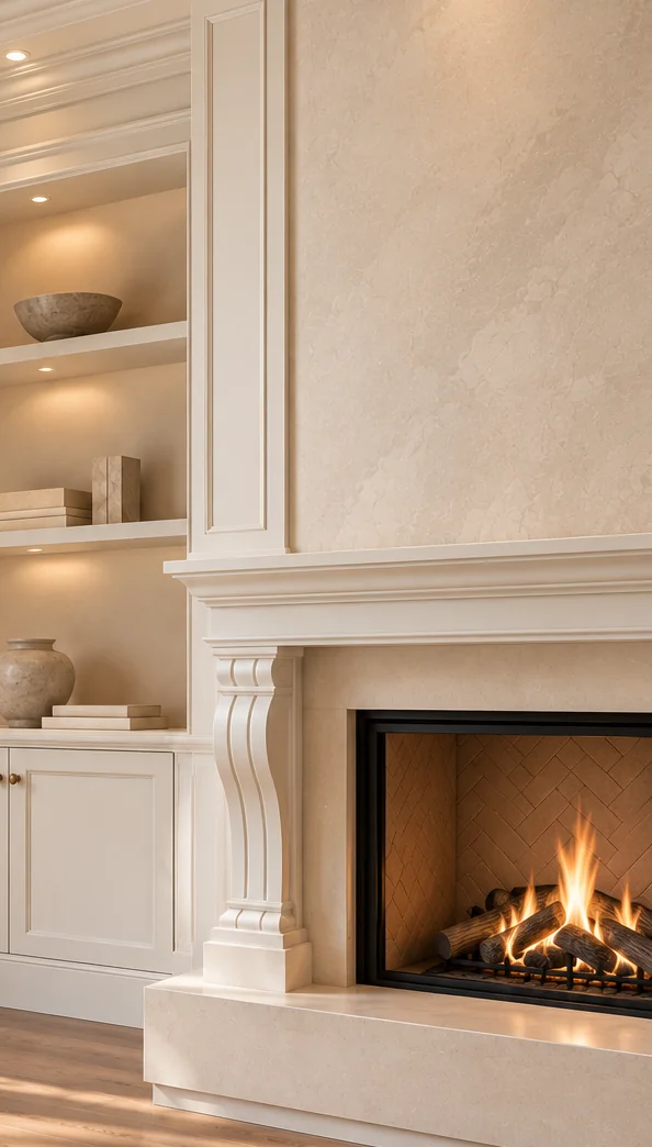 A Marmorino plaster fireplace surround above a stone hearth.