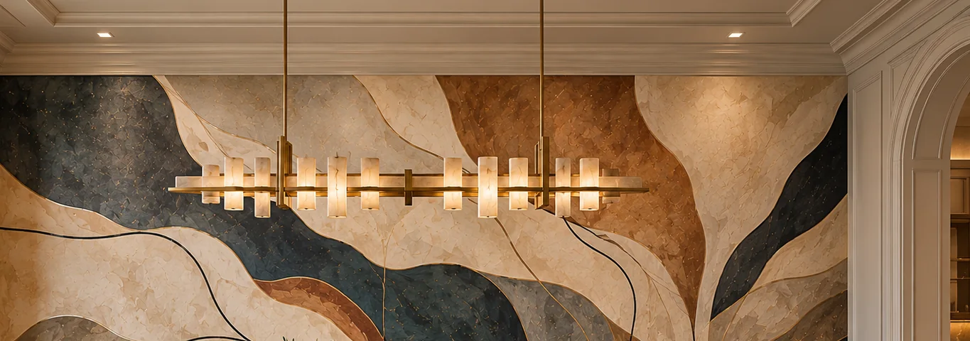 A hand-painted mural in slate, rust, and sand tones spanning a dining room wall beneath crown molding.