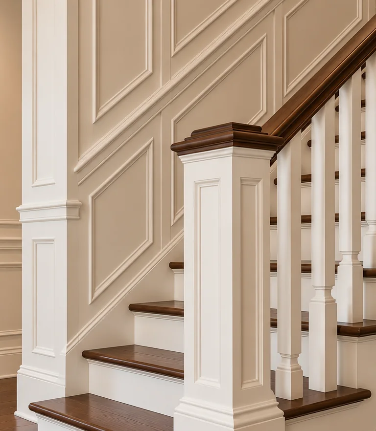 A staircase with painted paneling, newel post, and balusters beside stained treads and handrail.