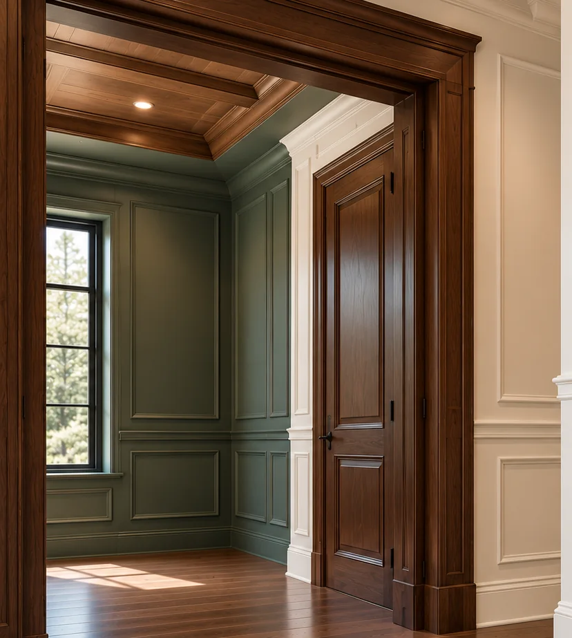 Stained wood door casing opening into a room with painted green panel molding.